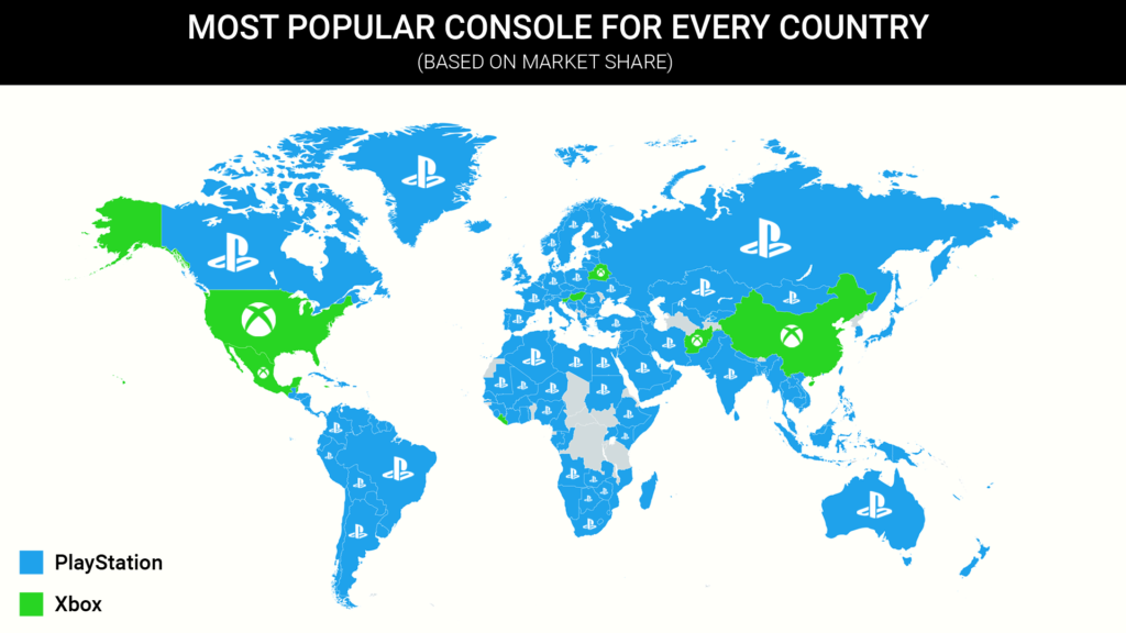 World map shading each country by its most popular console; most of the world favours PlayStation.